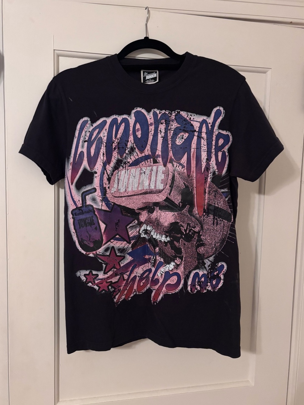 Junkie Black Short-Sleeve Graphic Tee with Pink & Blue Print
